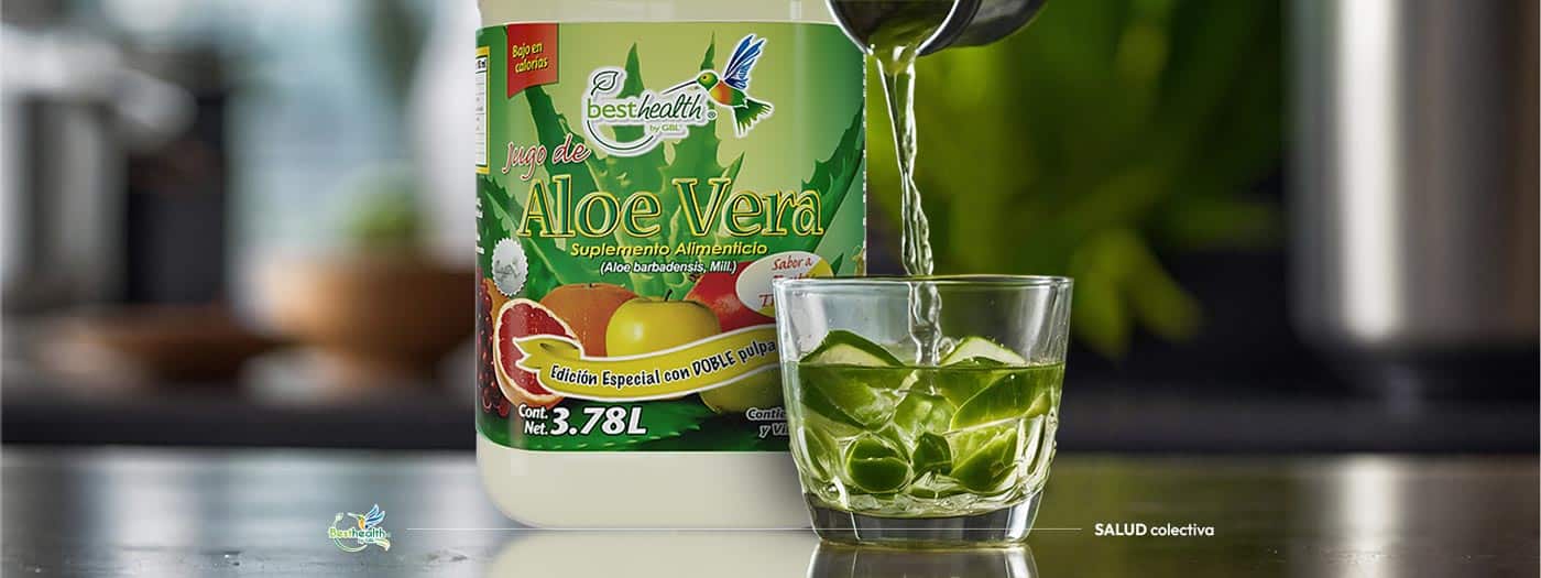 Jugo de Aloe Vera 3.78L Galón Best Health con concentrado puro de pulpa y trocitos de sábila natural sin azúcar sabor a frutas tropicales 1 BANNER PAGINA DE PRODUCTO ALOE VERA GALON